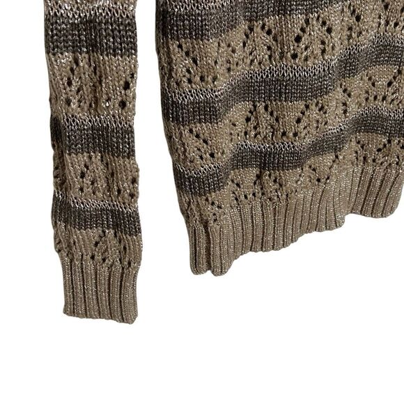 Guess Striped Wool Blend Open Knit Metallic V-Neck Sweater Taupe Gray Size Small - Picture 5 of 11
